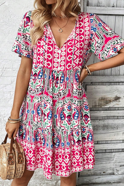 Pink Bohemian Print Tie Neck Ruffle Hem Short Dress