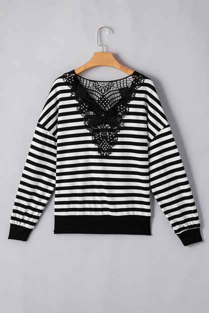 Black Stripe Crochet Hollow-out Back Buttoned Shoulder V Neck Top