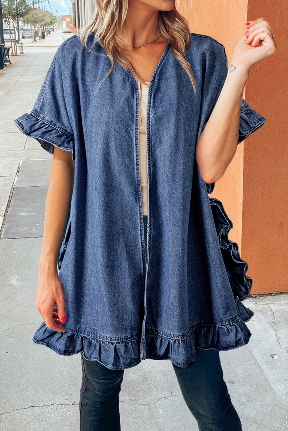 Dusk Blue Chambray Ruffle Hem Half Sleeve Open Loose Kimono