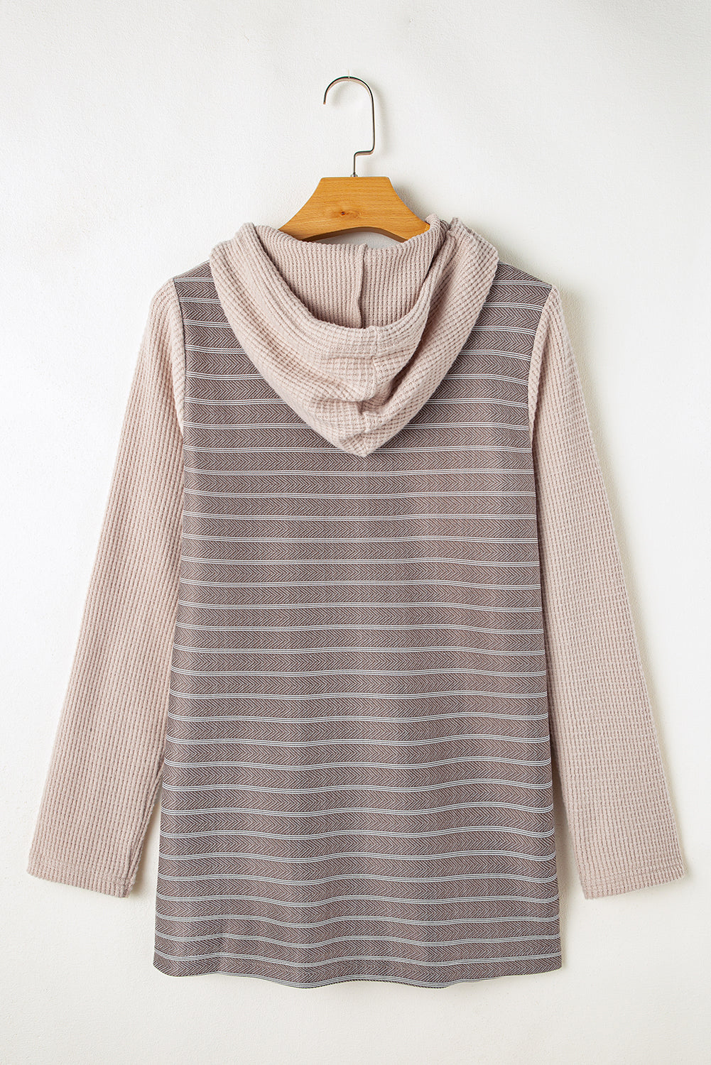 Gray Textured Knit Colorblock Striped Henley Hooded Top