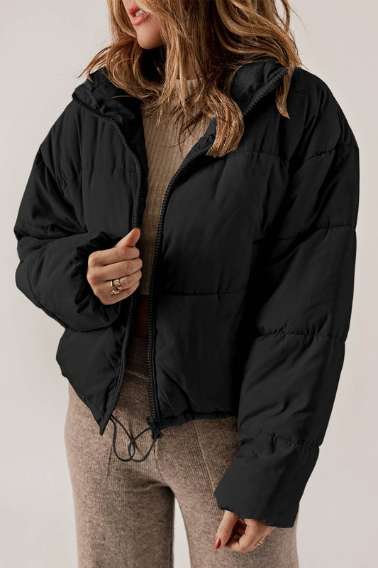 Black Zip Up Drawstring Hem Puffer Jackets