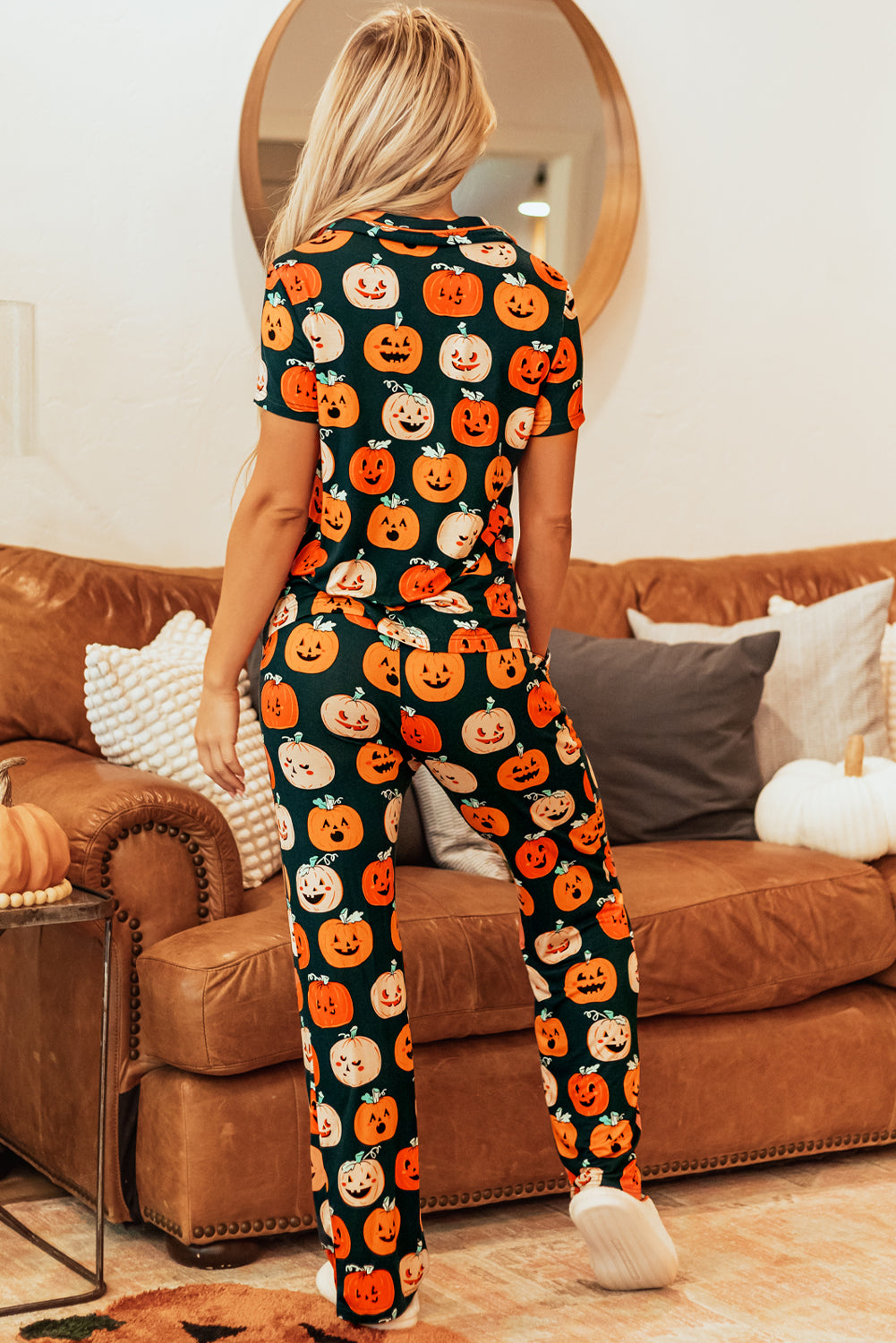 Orange Halloween Pattern Short Sleeve Shirt Pajama Set