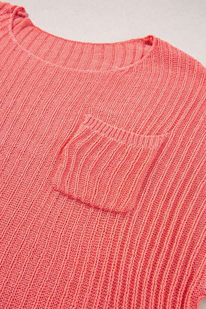 Fresh Salmon Rolled Cuffs Loose Knit Tee with Slits