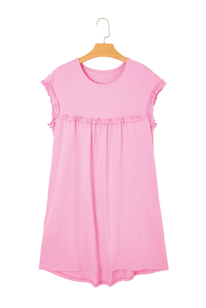 Pink Frilled Trim Crew Neck Loose Fit Mini Dress