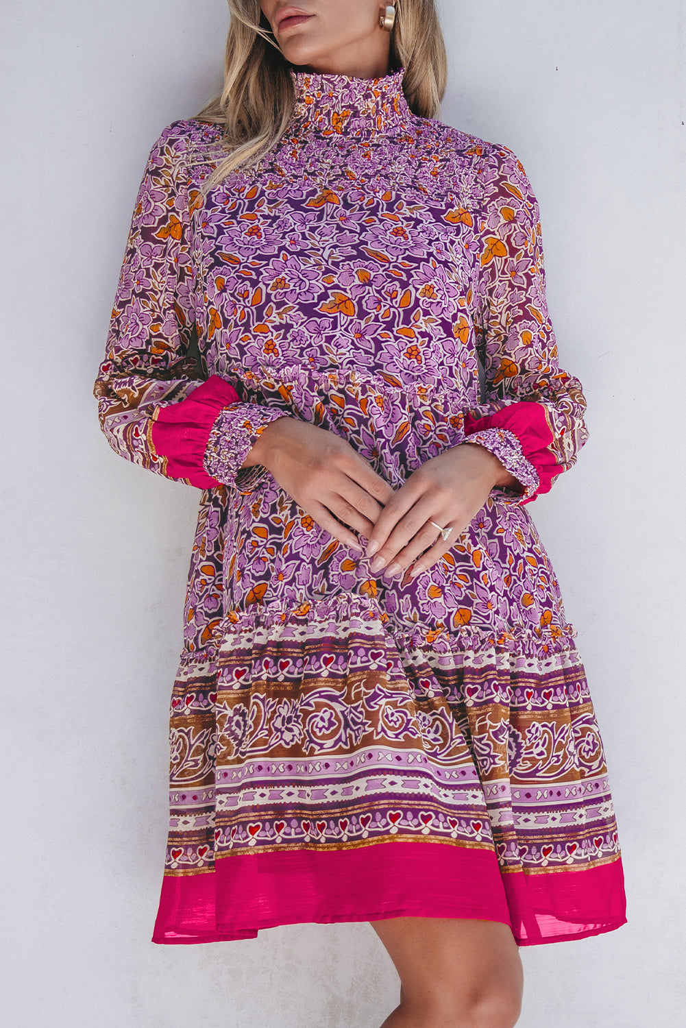 Purple Floral Smocked Puff Sleeve High Neck Mini Dress