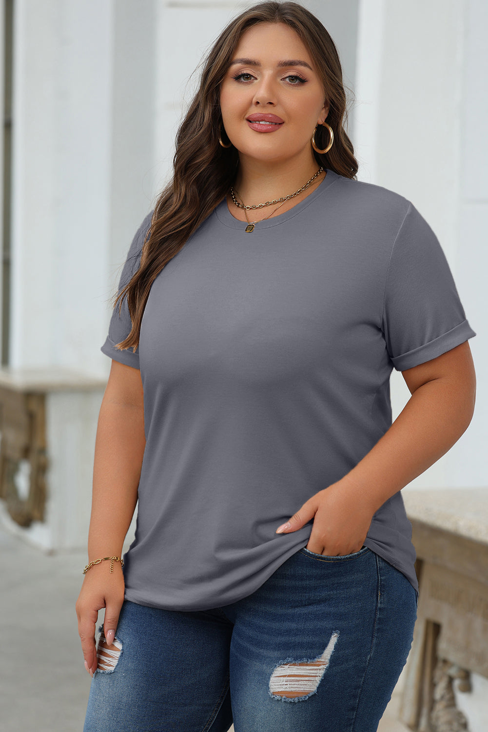 Gray Casual Plain Crew Neck Tee