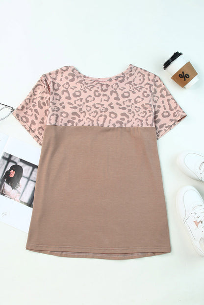 Khaki Leopard Yoke Color Block T Shirt