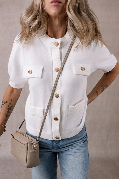 White Gold Buttons Textured Sweater T Shirt