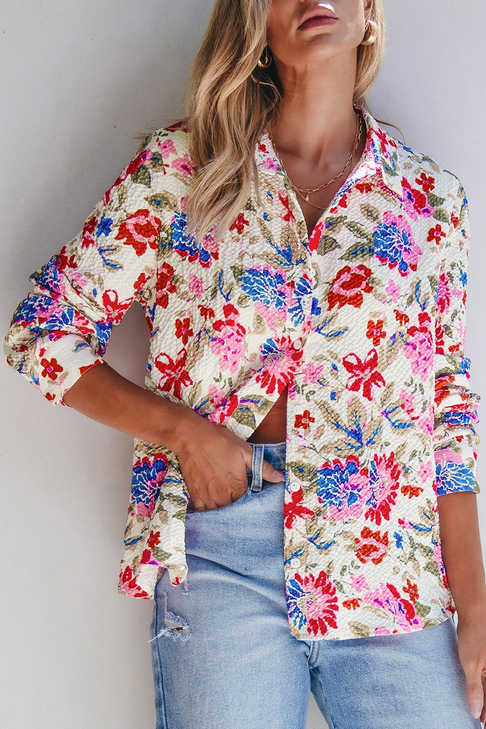 Red Floral Print Slim Fit Buttoned Turn Down Collar Shirt