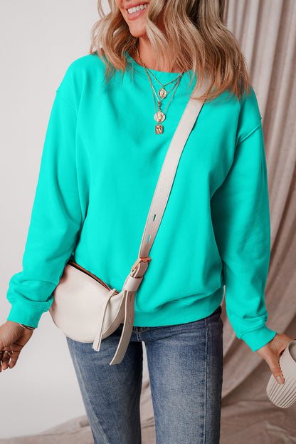 Aruba Blue Solid Fleece Lined Drop Shoulder Terry Sweatshirt