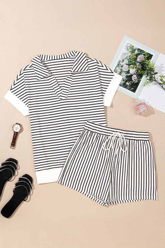 Black Stripe V Neck Tee and Casual Short Set