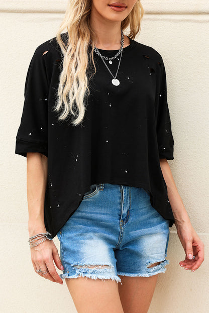 Black Distressed Bleached Asymmetric Hem Short Sleeve Top