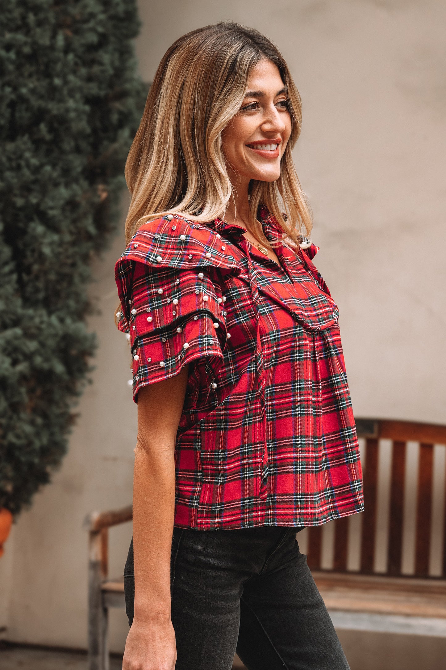 Red Festive Plaid Pearl Embellished Ruffle Short Sleeve Blouse