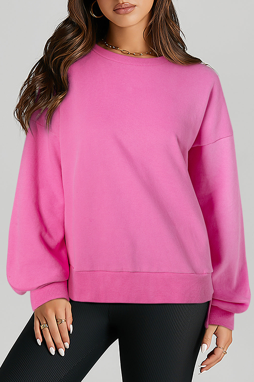 Bonbon Solid Fleece Lined Drop Shoulder High Low Sweatshirt