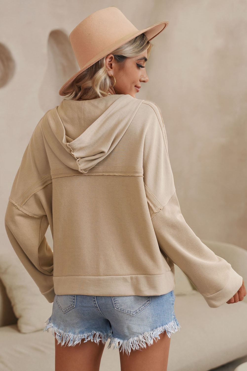 Quarter-Button Exposed Seam Dropped Shoulder Hoodie