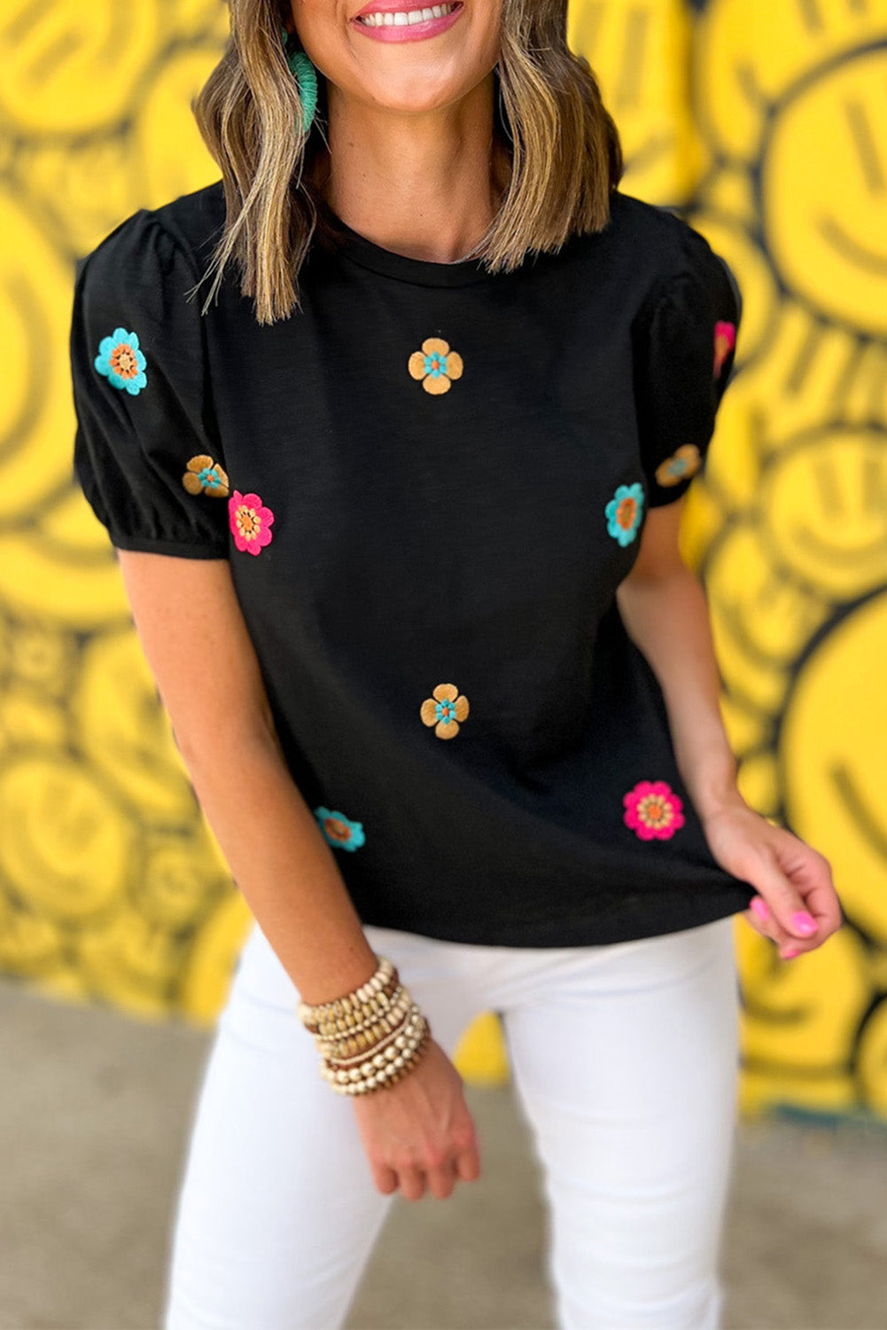 Black Embroidered Flower Short Puff Sleeve Tee