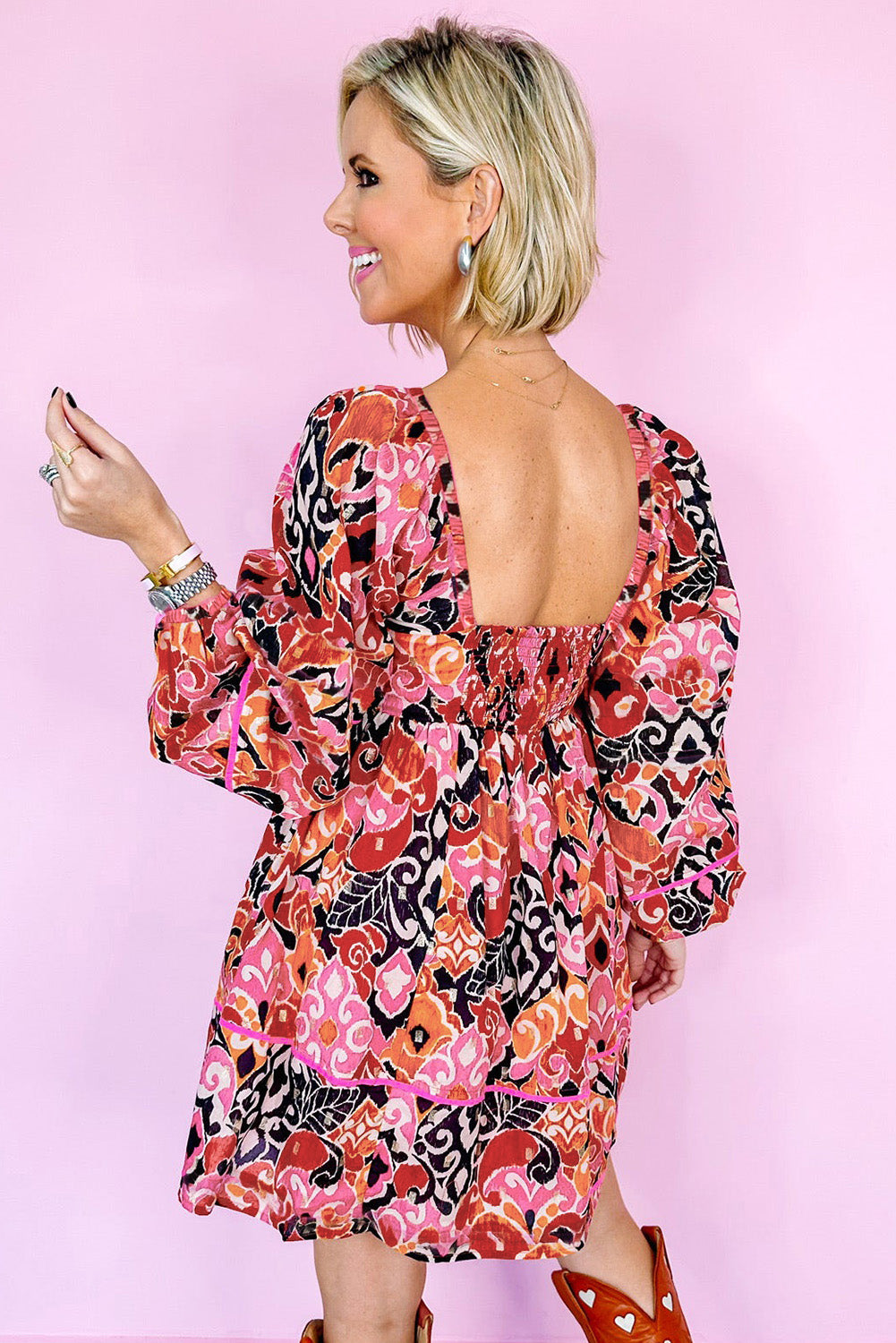 Pink Bohemian Square Neck Puff Sleeve Mini Dress