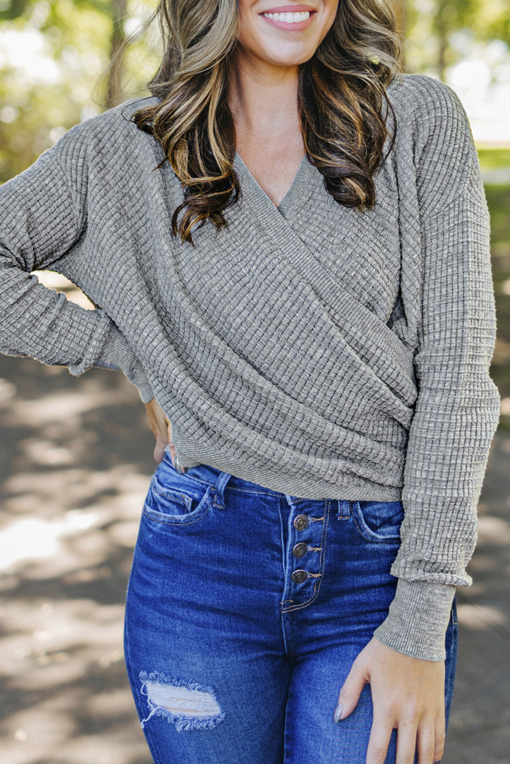 Gray Wrap V Neck Waffle Sweater