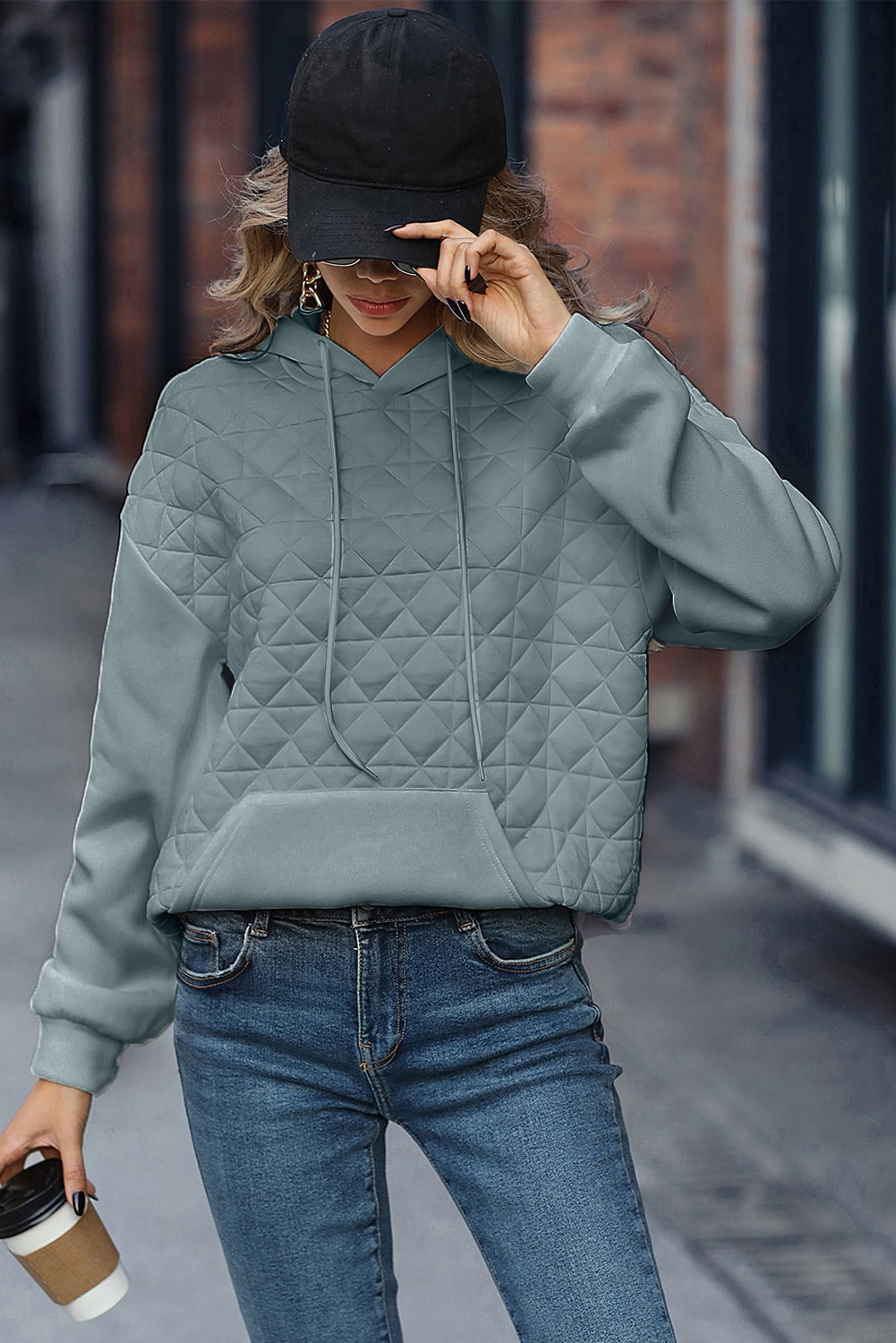 Light Grey Drop Shoulder Quilted Patchwork Kangaroo Pocket Hoodie