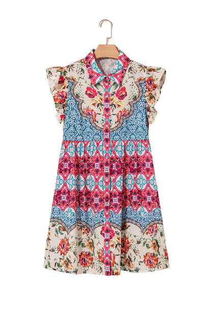 Rose Floral Mixed Pattern Ruffle Flutter Sleeve Buttoned Dress
