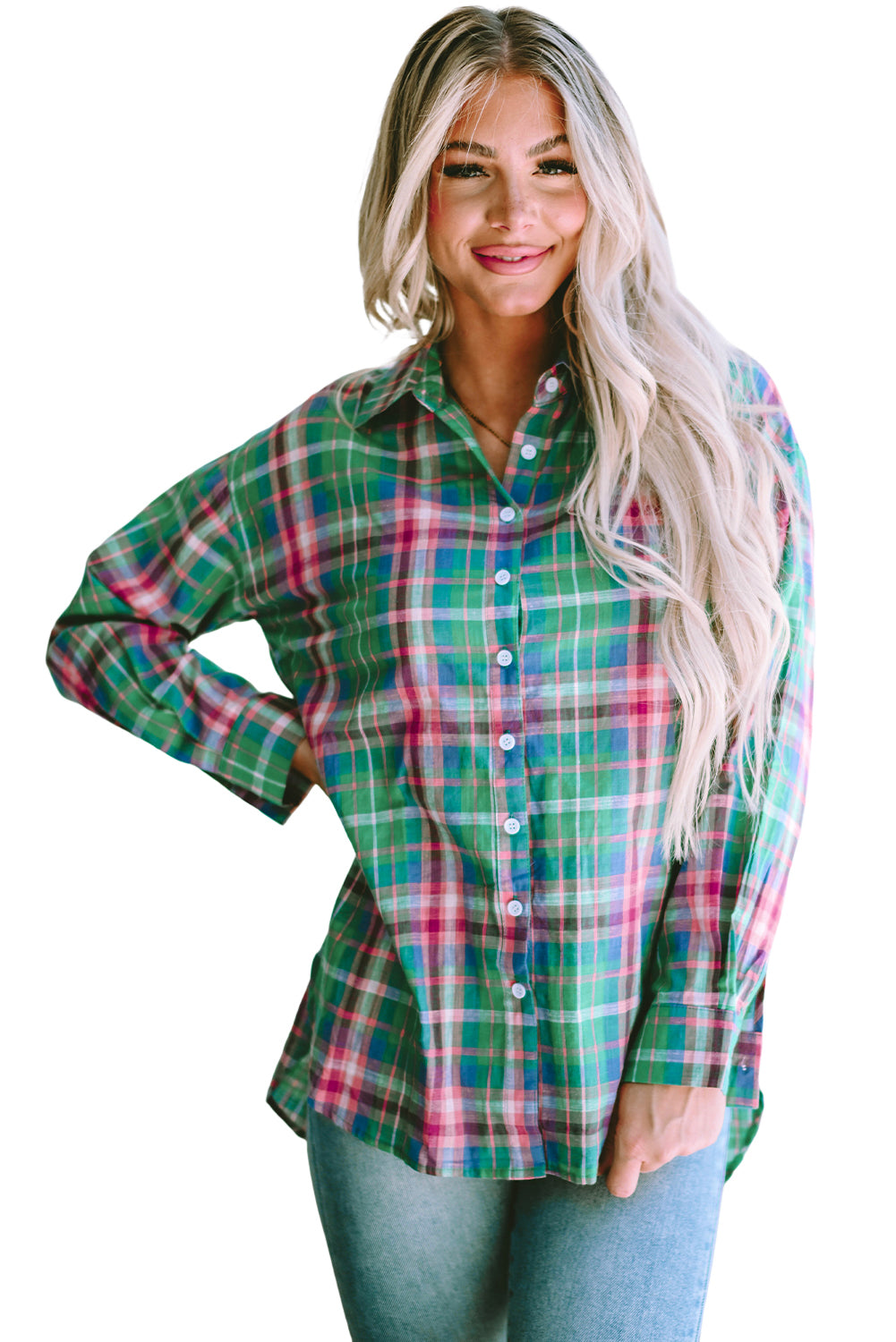 Green Plaid Long Sleeve Button Down Split Shirt