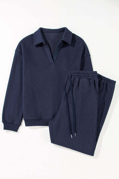 Navy Blue Fold Down Collar Pullover and Joggers Tracksuit