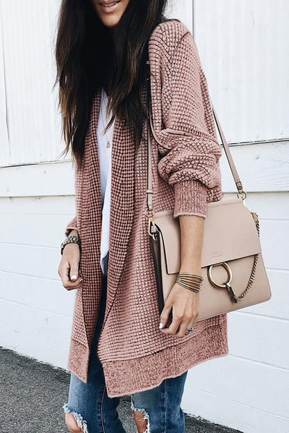 Pink Plaid Knitted Long Open Front Cardigan