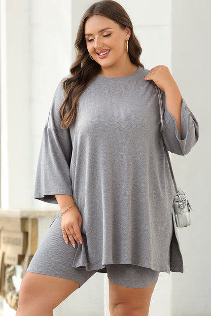 Light Grey Solid Color Loose Tunic Top and Slim Shorts Set