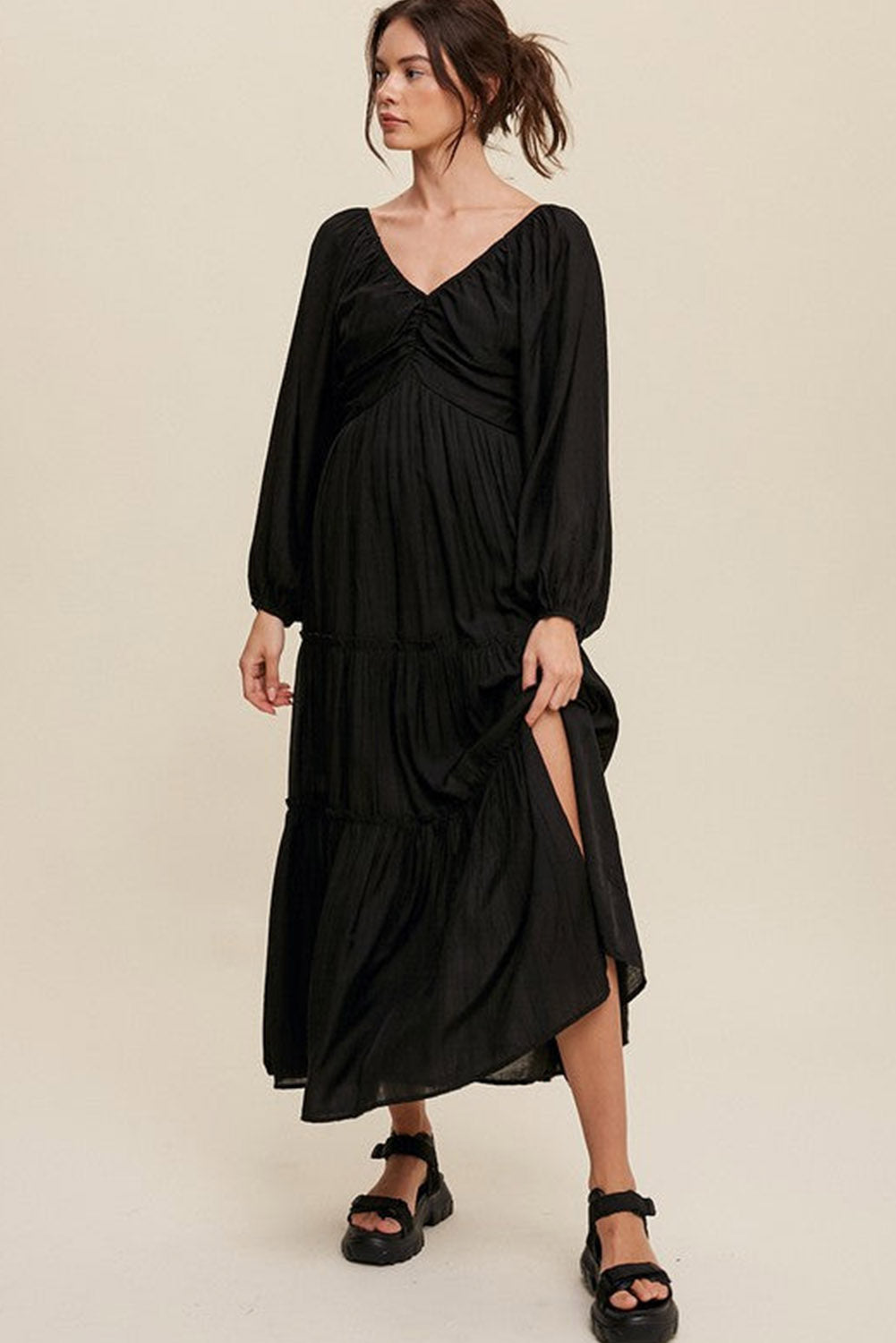 Black V Neck Bowknot Cutout Frill Tiered Maxi Dress