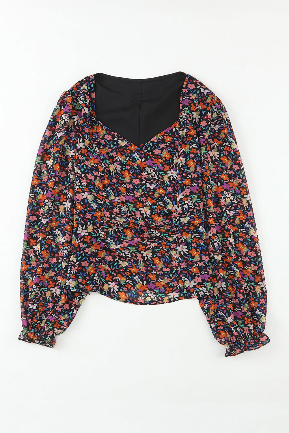 Black V Neck Bubble Sleeve Floral Blouse