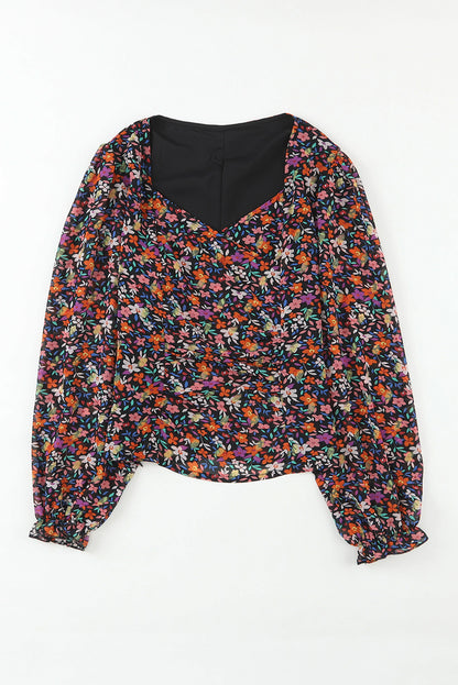 Black V Neck Bubble Sleeve Floral Blouse