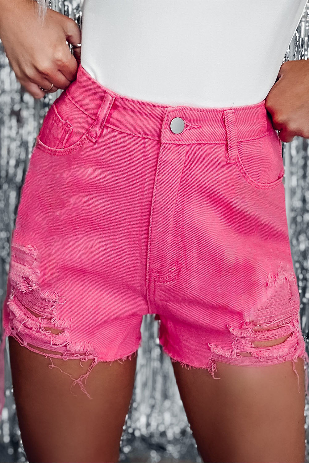 Rose Distressed Slim Fit High Waist Denim Shorts