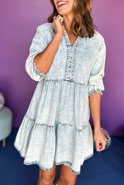 Dusk Blue Acid Wash Retro Half Sleeve Flared Denim Dress