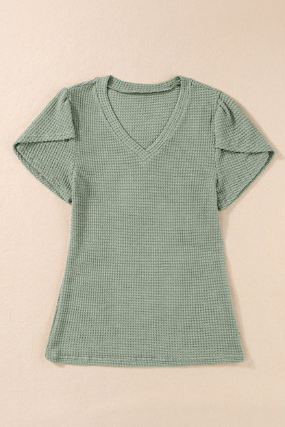 Mist Green V Neck Petal Sleeve Waffle Knit T-Shirt