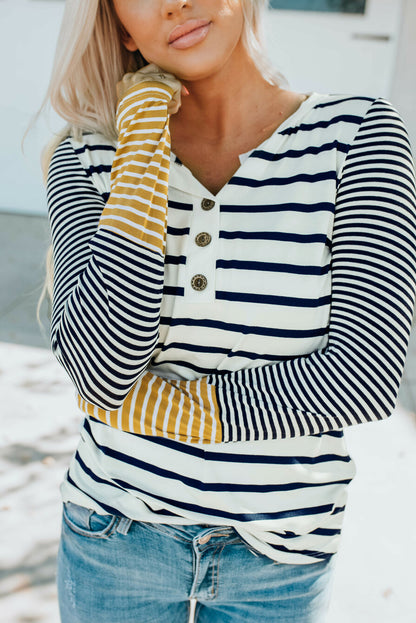 Long Sleeve Stripe Button Henley Top