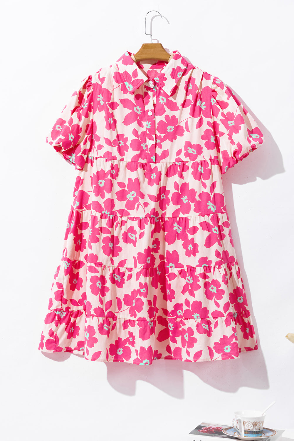 Pink Floral Tiered Puff Sleeve Mini Shirt Dress