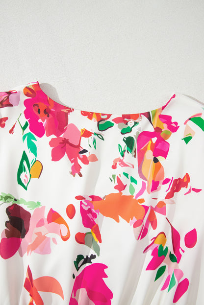 Pink Floral Print V Neck Ruffle Sleeve Plus Size Midi Dress