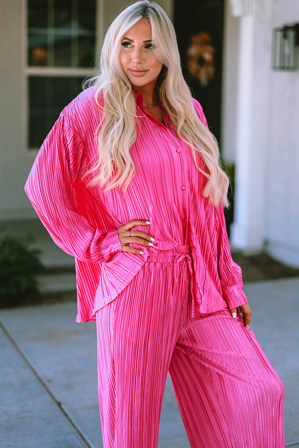 Rose Pleated Long Sleeve Shirt and Wide-Leg Pants Set