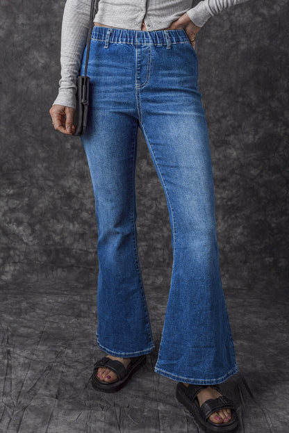 Blue Elastic High Waist Flare Jeans