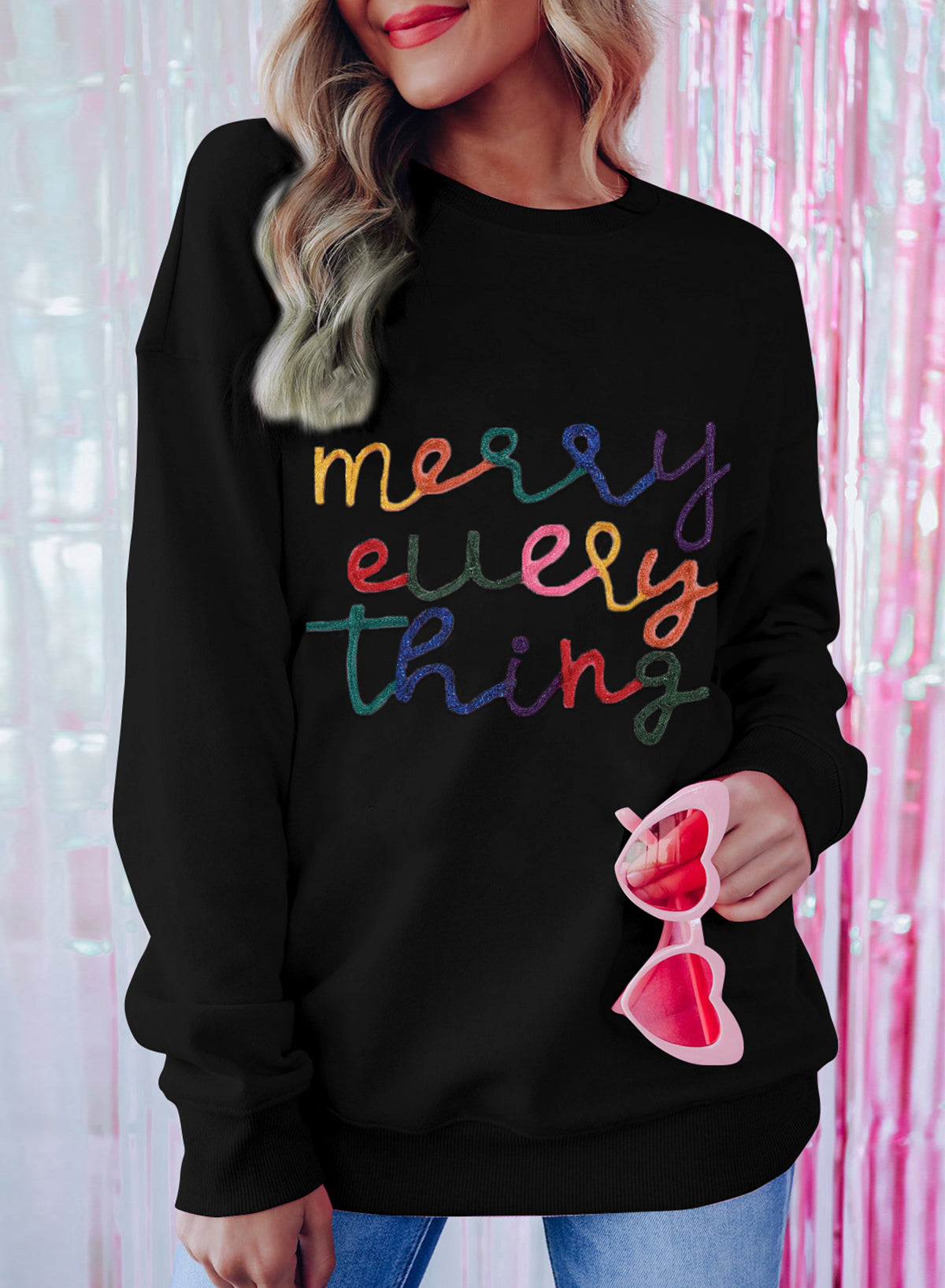 Black Merry Every Thing Tinsel Slogan Sweatshirt