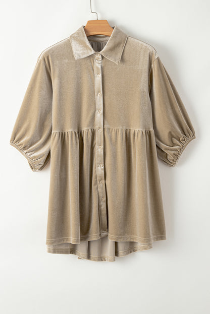 Pale Khaki 3/4 Sleeve Tunic Babydoll Velvet Shirt