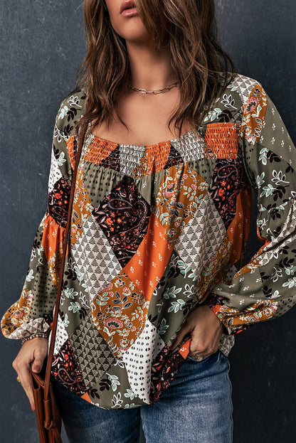 Green Square Neck Mixed Print Blouse