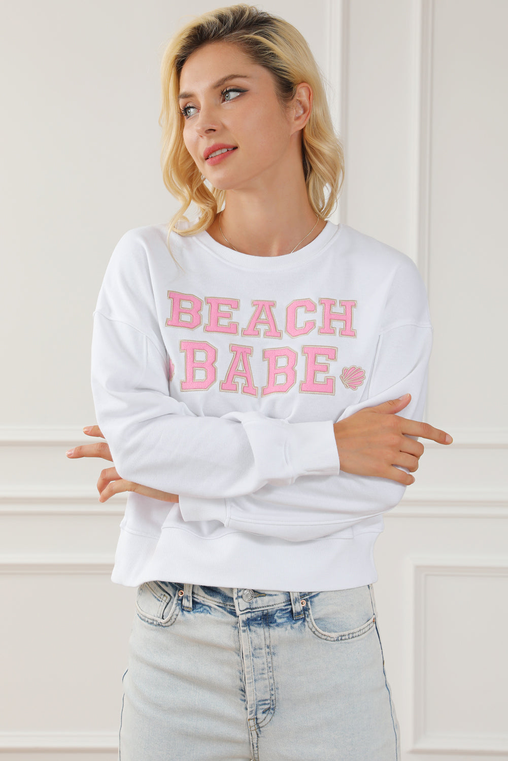 White BEACH BABE Slogan Graphic Casual Sweatshirt