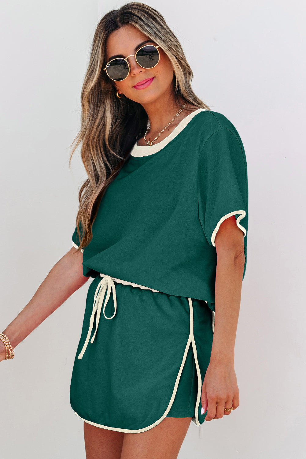 Evergreen Colorblock Edge Drop Shoulder T Shirt and Skirt 2Pcs Set