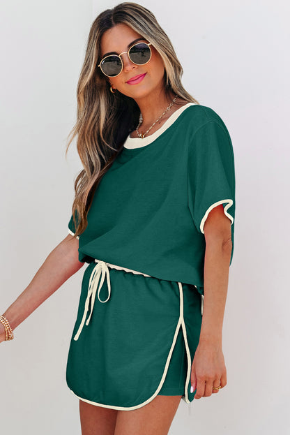 Evergreen Colorblock Edge Drop Shoulder T Shirt and Skirt 2Pcs Set