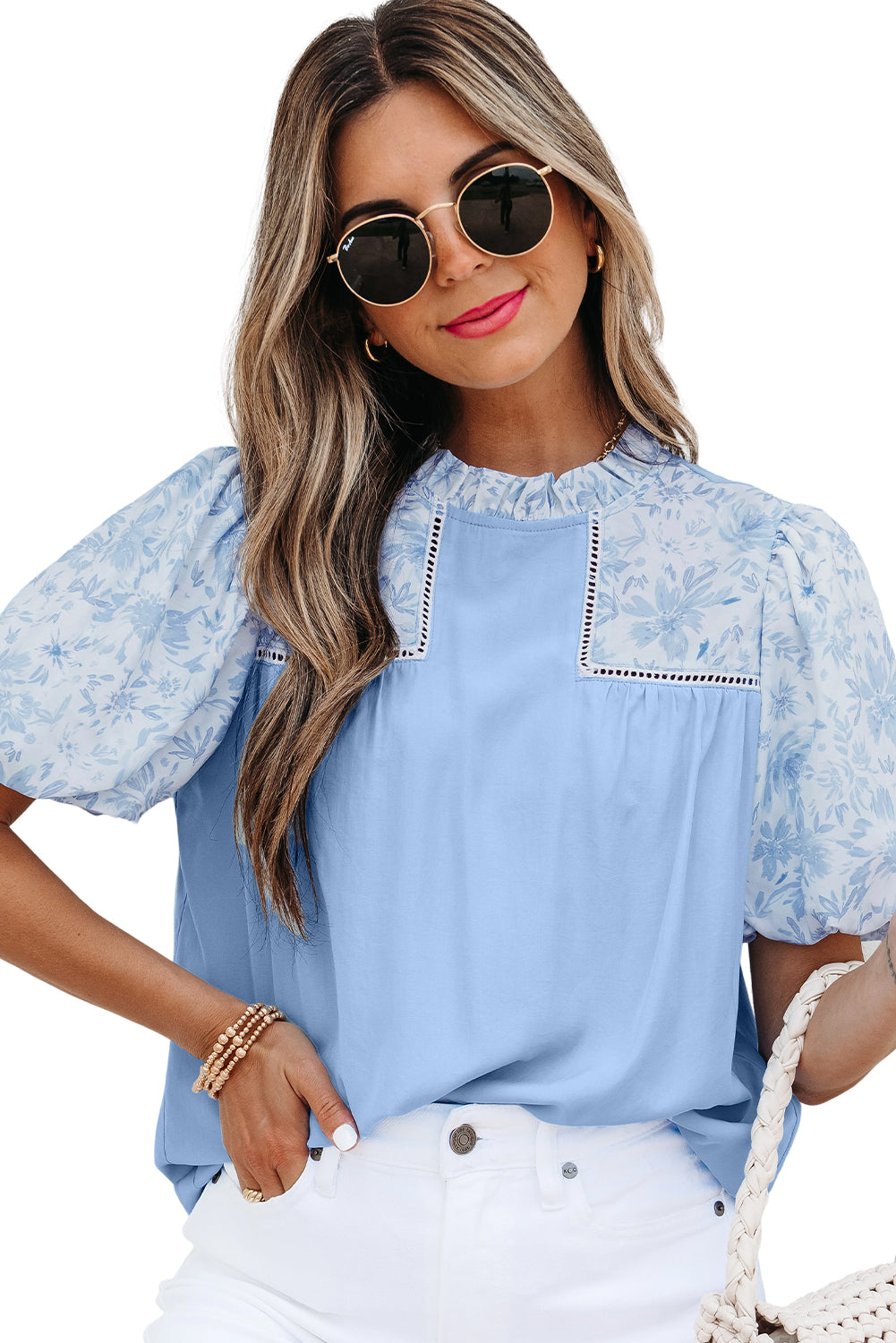 Beau Blue Lace Insert Floral Puff Sleeve Patchwork Loose Blouse