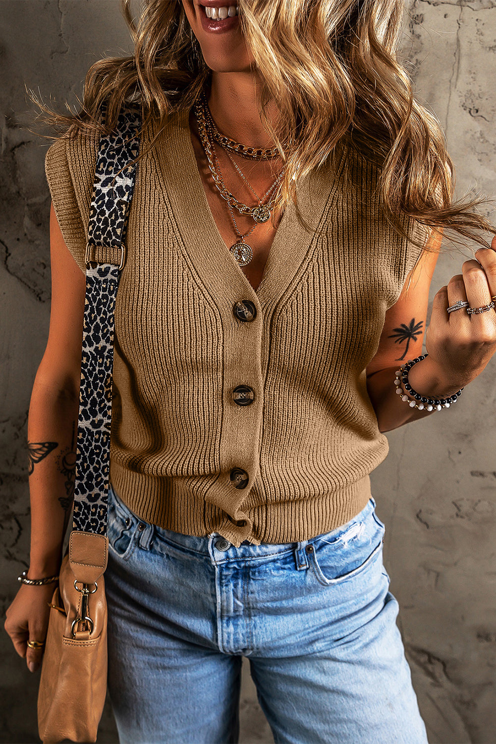 Parchment V Neck Buttoned Front Sweater Vest