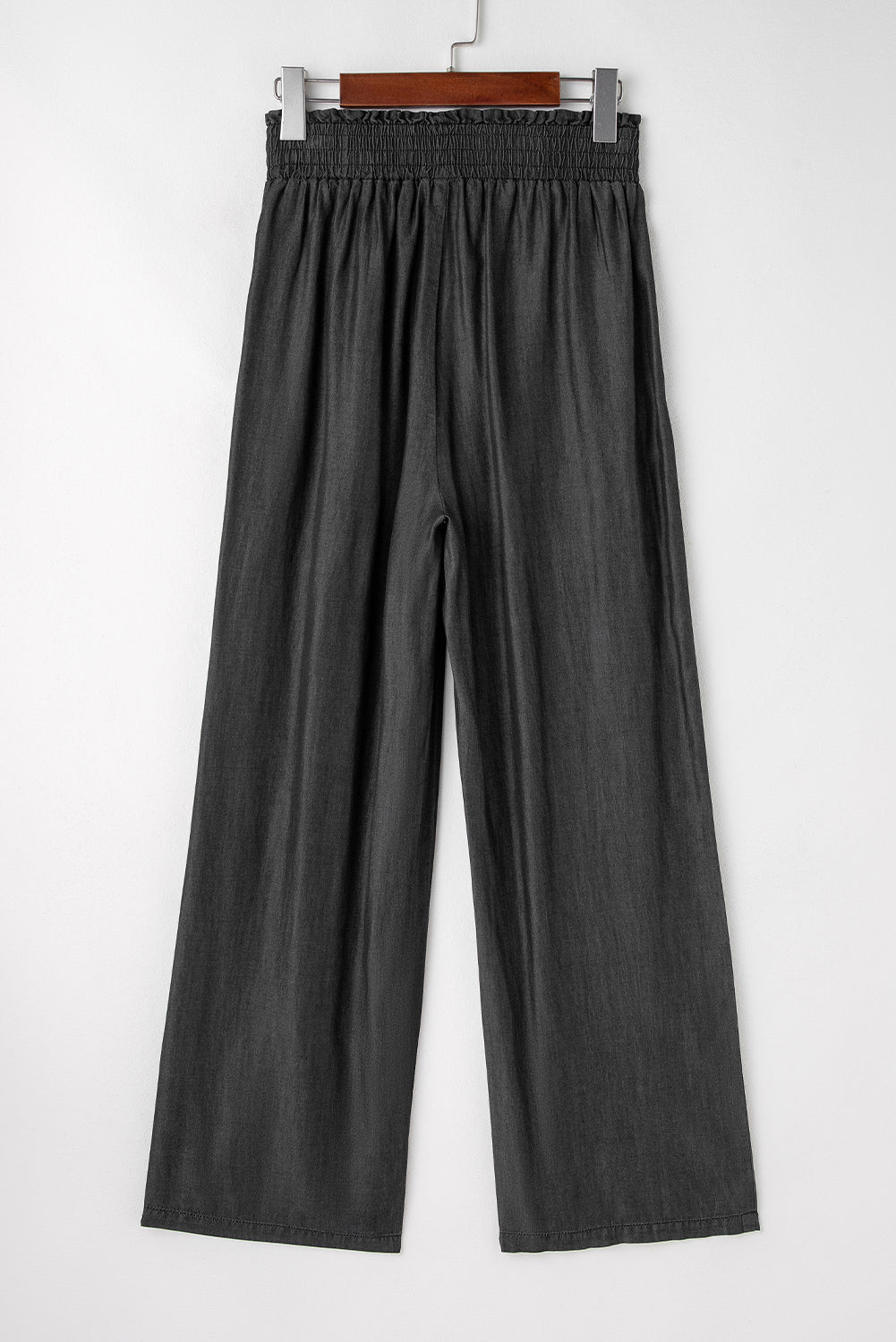 Black Side Pockets Frilled Smocked High Waist Wide Leg Jeans