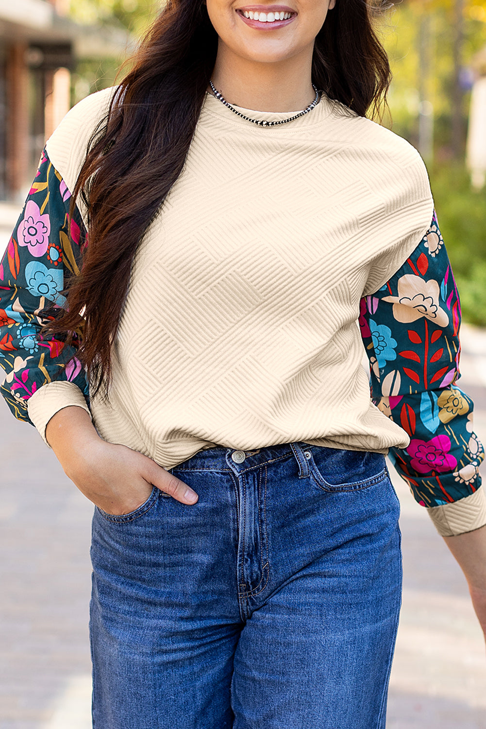 White Contrast Floral Sleeve Textured Drop Shoulder Knit Top