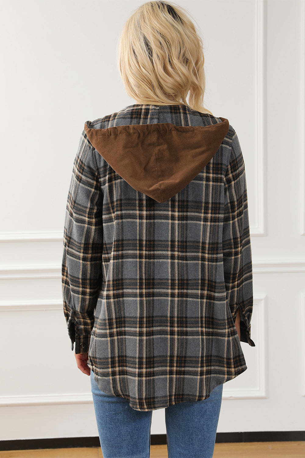 Contrast Hooded Drawstring Plaid Shacket